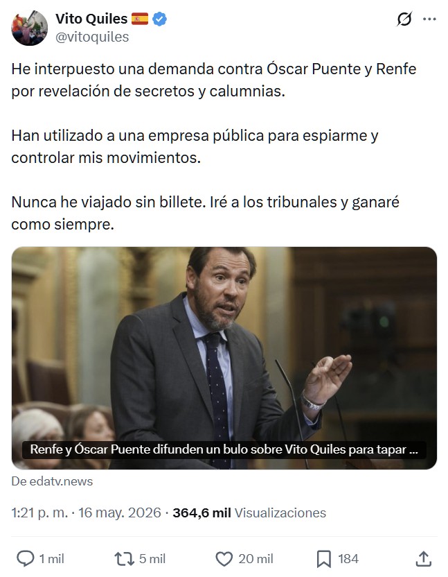 Vito Quiles ha demandado a Óscar Puente y a Renfe por revelación de secretos y calumnias.
