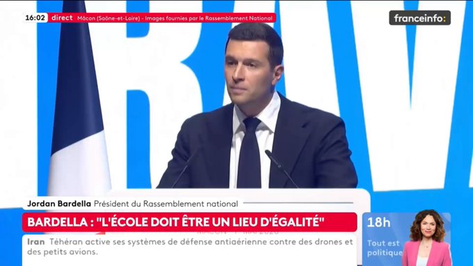 Jordan Bardella: “Francia no tiene la vocación de hacerse cargo de toda la miseria del mundo. Francia no es un hotel, ni una ventanilla social, y no tiene la vocación de subvencionar la natalidad de otros pueblos en su propio territorio”.