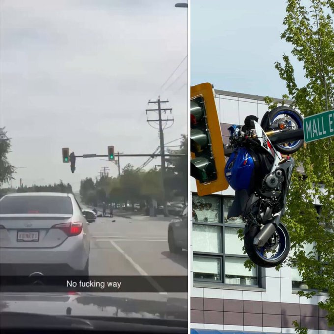 Una GSX-R queda colgando de un semáforo después de chocar contra un BMW en Vancouver.
