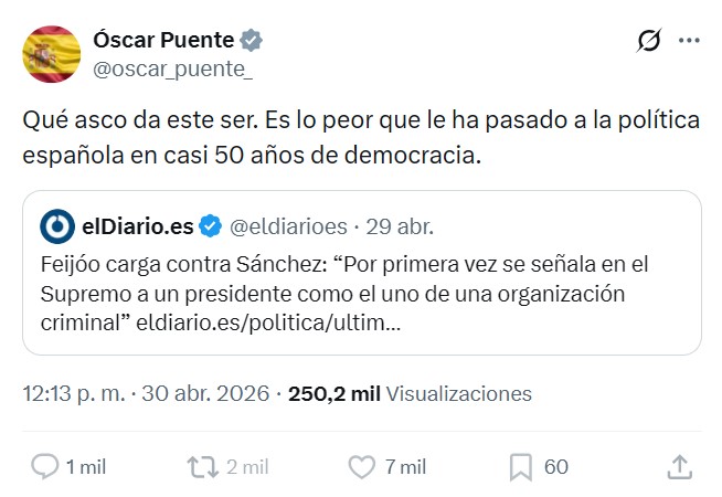 ¿En qué momento hemos normalizado que un ministro de transportes se exprese en estos términos de sus rivales políticos?: "Qué asco da este ser".