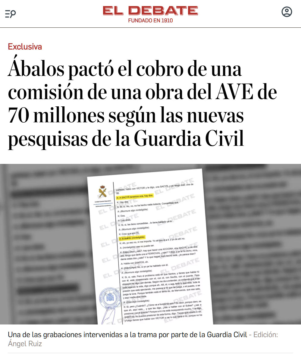 Ábalos pactó el cobro de una comisión de una obra del AVE de 70 millones según las nuevas pesquisas de la Guardia Civil. El exministro preguntó a su asesor cuánto dinero iba a recibir él justo después de otorgar contratos a una constructora.
