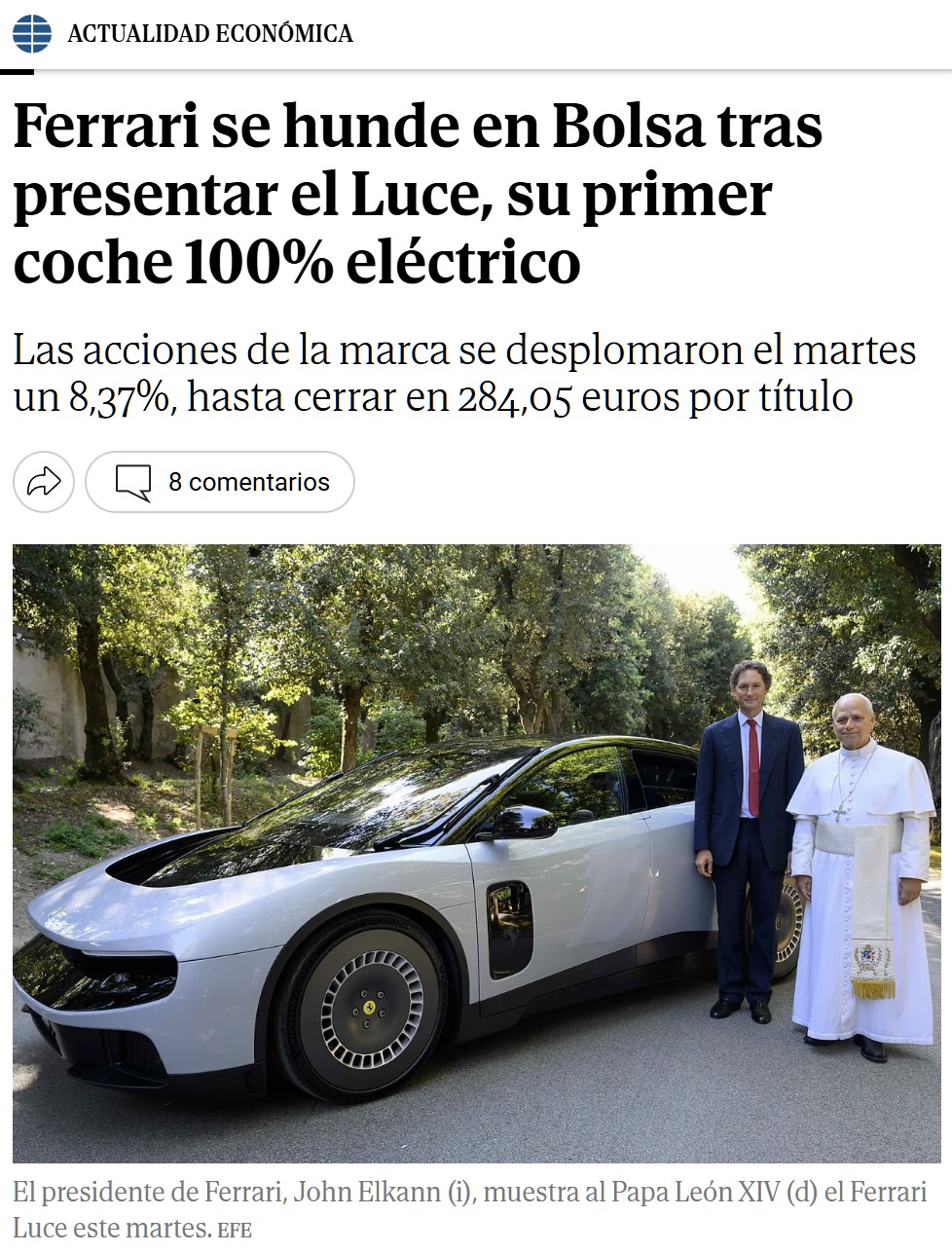 Crearemos un Ferrari eléctrico horrendo con limpiaparabrisas de autobús y llantas que parecen tapas de sartén, y lo promocionaremos dejando que lo conduzca el Papa... ¿Qué podría salir mal?