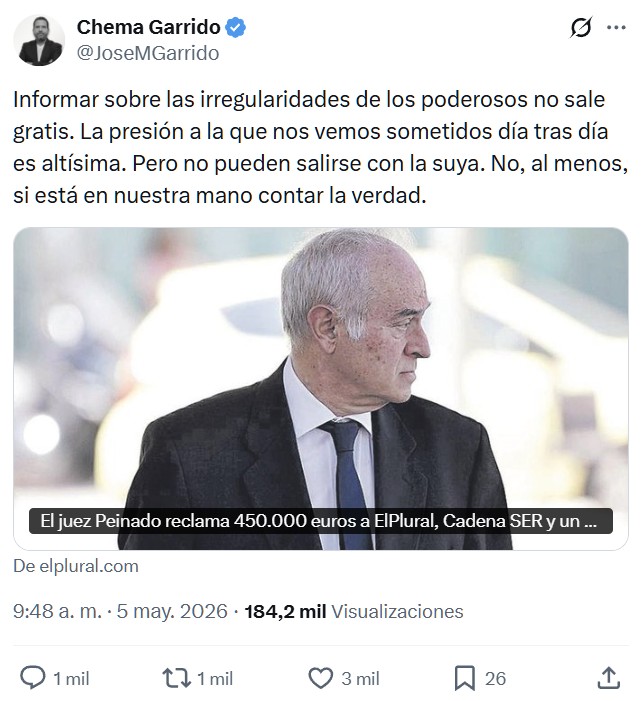 El juez Peinado pide 350.000 euros a la SER y El Plural por revelar la dirección de su casa.