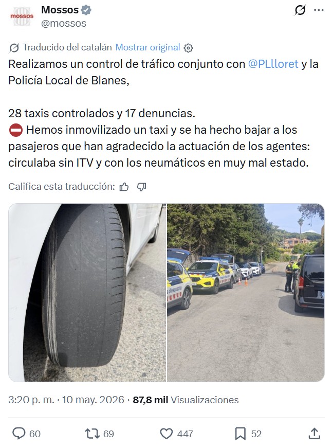 Los Mossos multan a un taxista que llevaba los neumáticos en los alambres.