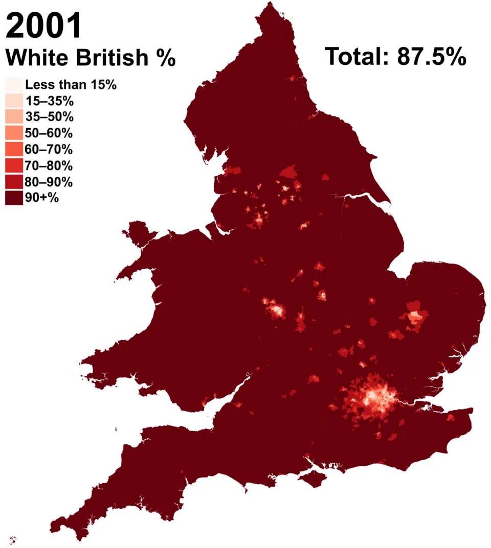 Evolución del porcentaje de británicos blancos (etnicamente británicos) en Inglaterra y Gales desde 2001 a 2021.