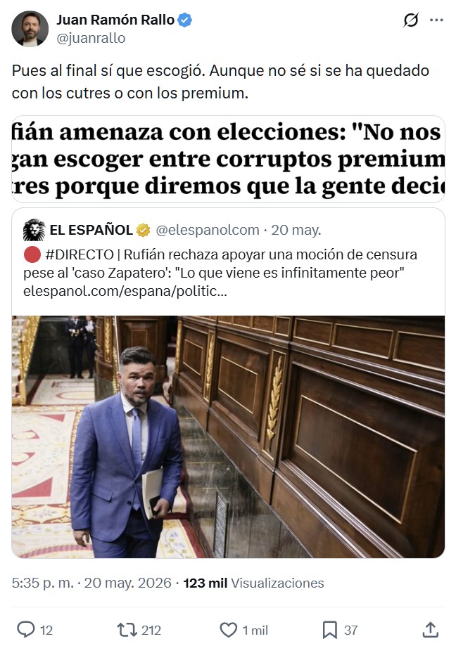 Rufián recula y admite que "quizá" se equivocó al defender a Zapatero "por afecto"