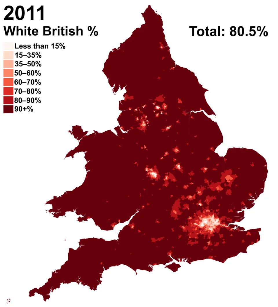 Evolución del porcentaje de británicos blancos (etnicamente británicos) en Inglaterra y Gales desde 2001 a 2021.