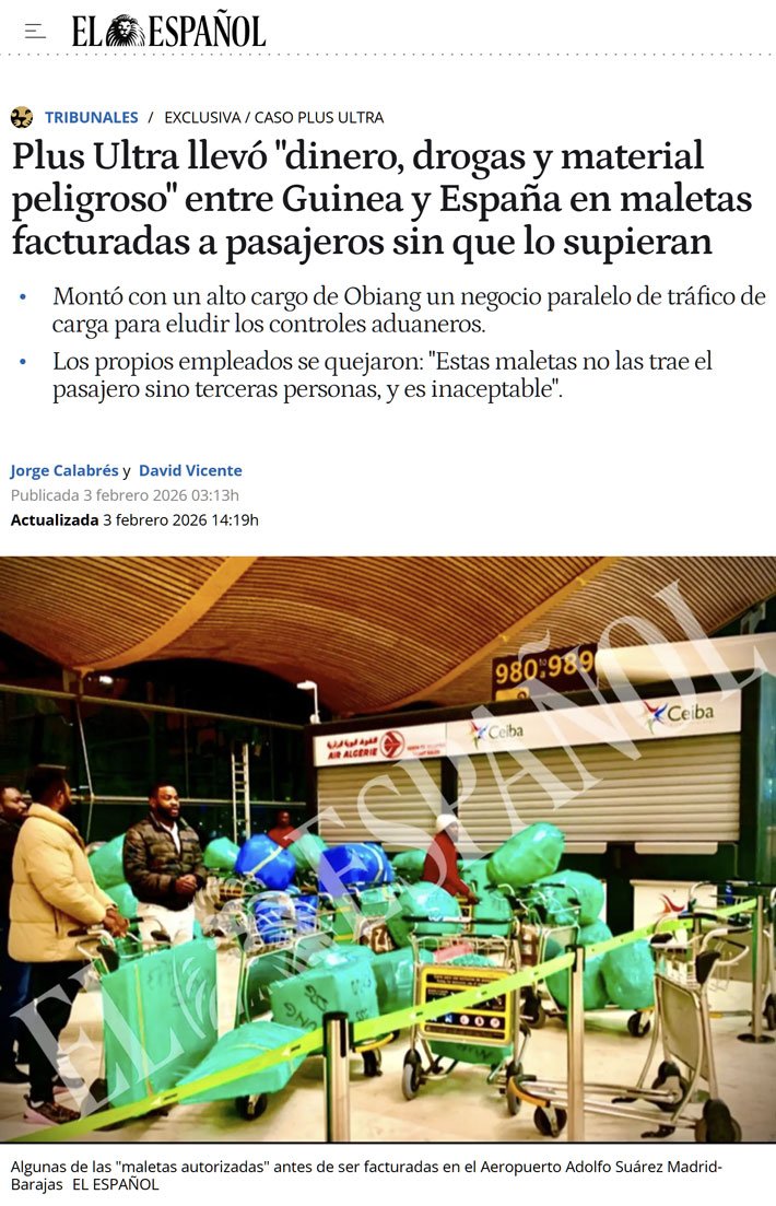 Plus Ultra llevó "dinero, drоgas y material peligroso" entre Guinea y España en maletas facturadas a pasajeros sin que lo supieran