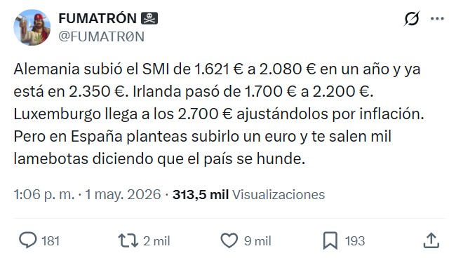 Salario mediano en España: 2000€ brutos/mes. (SMI: 1220€)