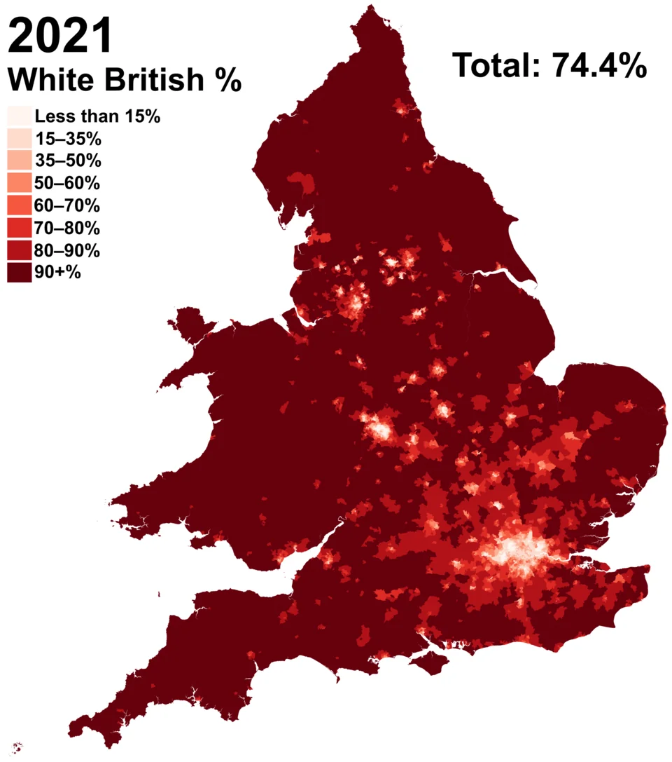 Evolución del porcentaje de británicos blancos (etnicamente británicos) en Inglaterra y Gales desde 2001 a 2021.