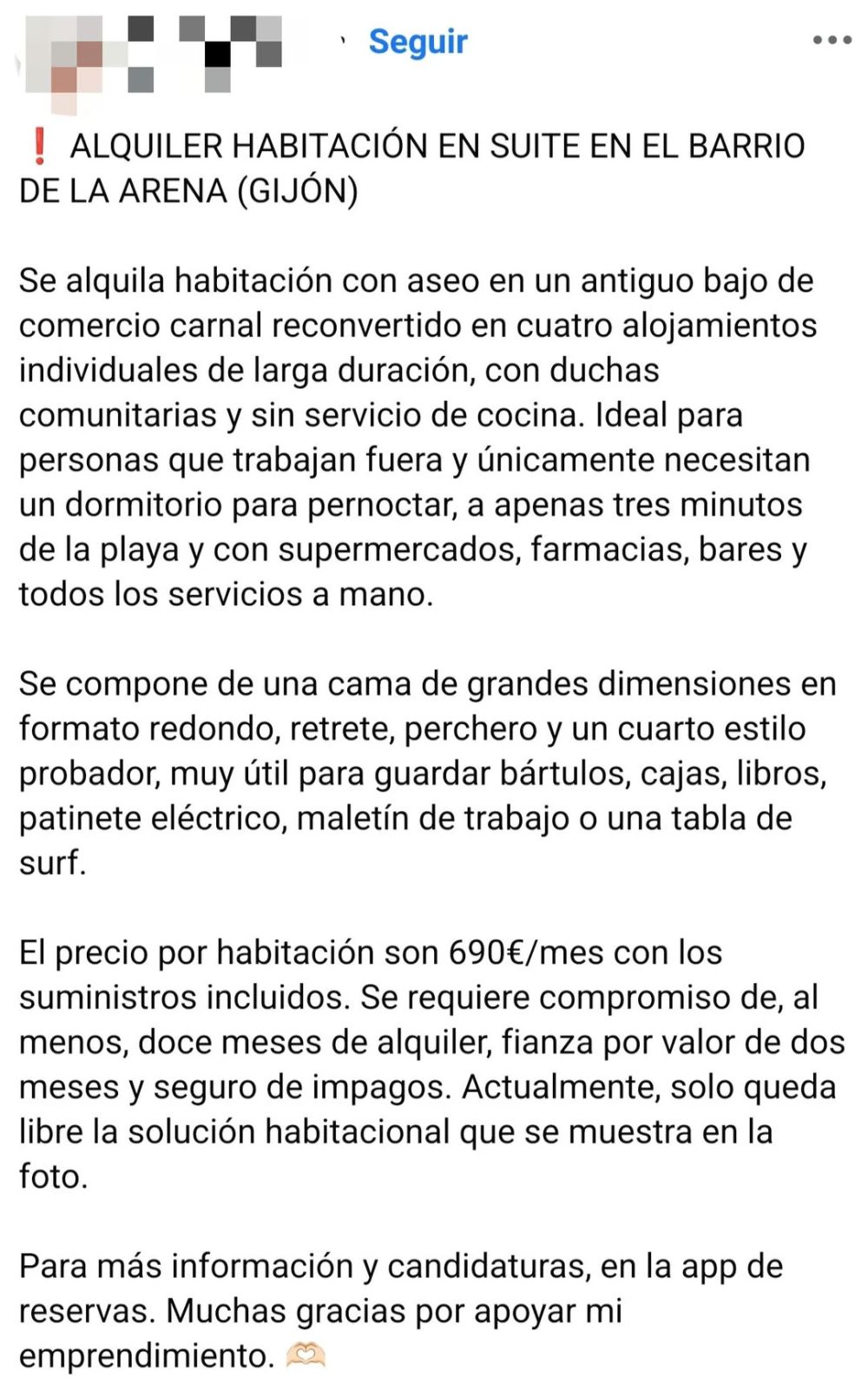 "Se alquila habitación con aseo en un antiguo bajo de comercio carnal"