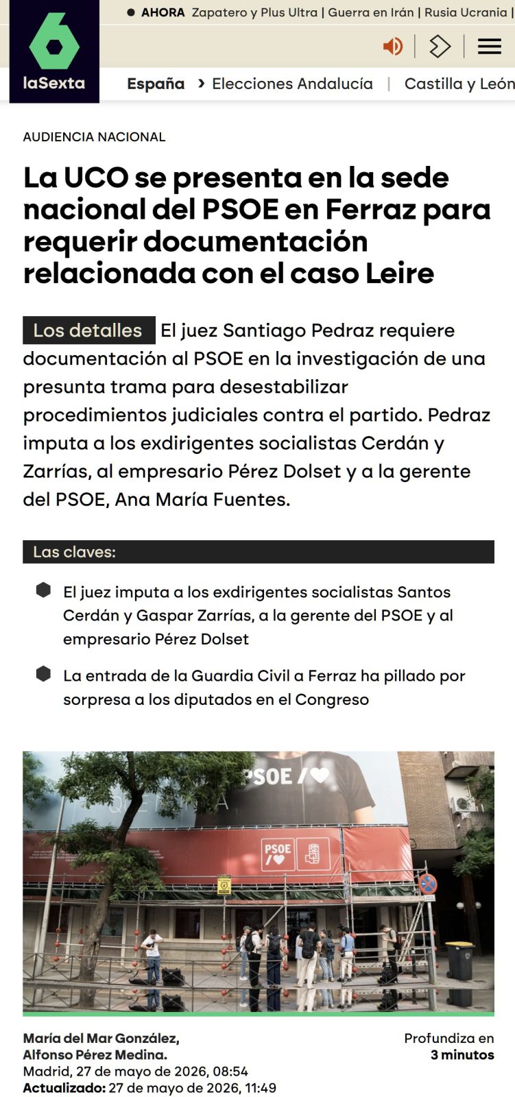 La UCO registra la sede nacional del PSOE en Ferraz.