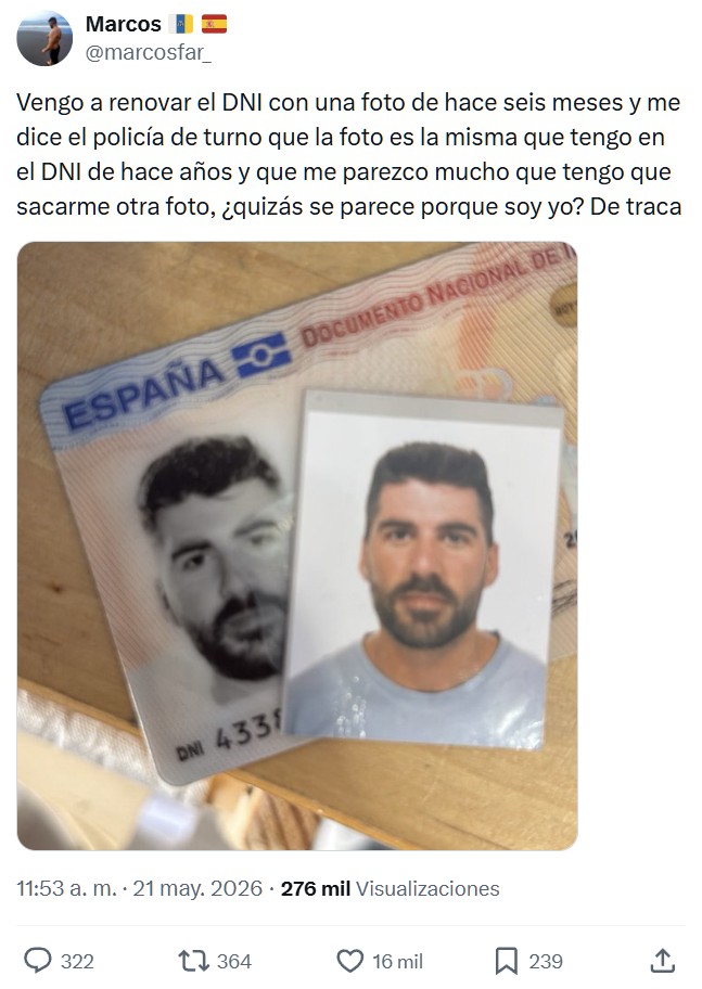 Es rechazado en la renovación de DNI por parecerse demasiado a sí mismo.