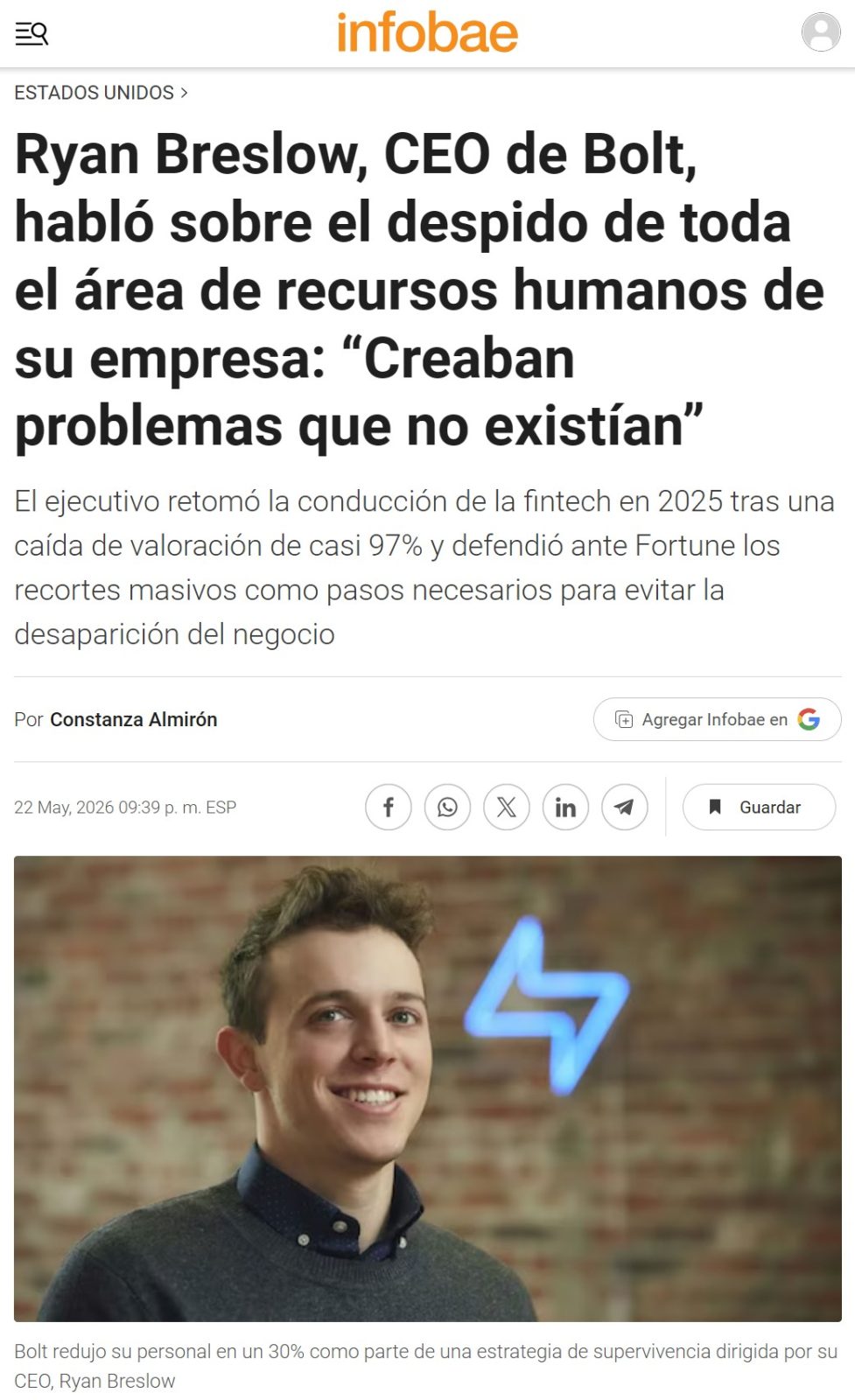 El CEO de Bolt, Ryan Breslow, despide a todo el equipo de RRHH de la empresa porque estaban “creando problemas que no existían.”