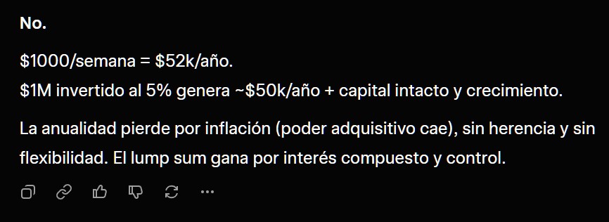 Una joven elige 1000 dólares a la semana en lugar de 1.000.000 de golpe.