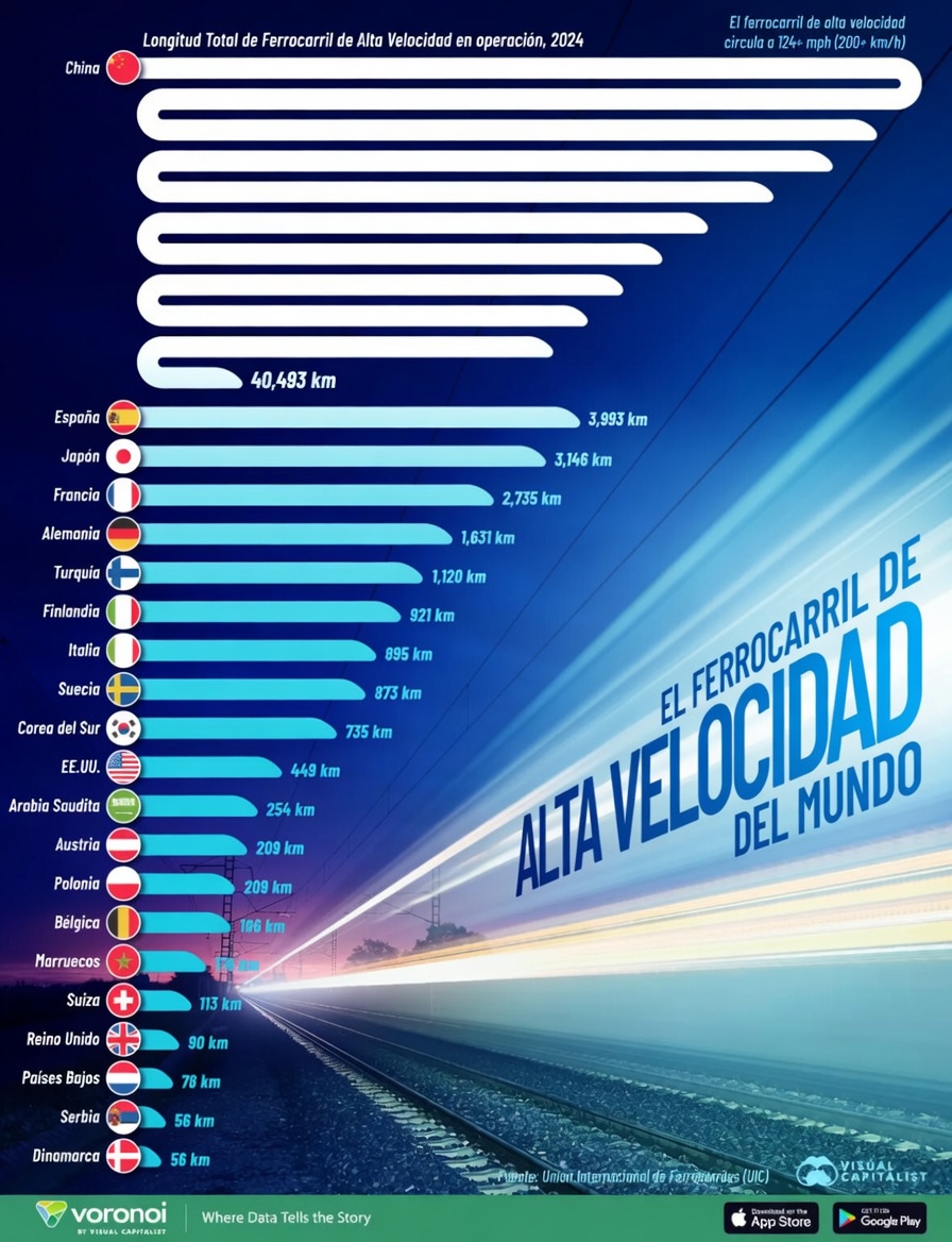 Los países con más kilómetros de alta velocidad.
