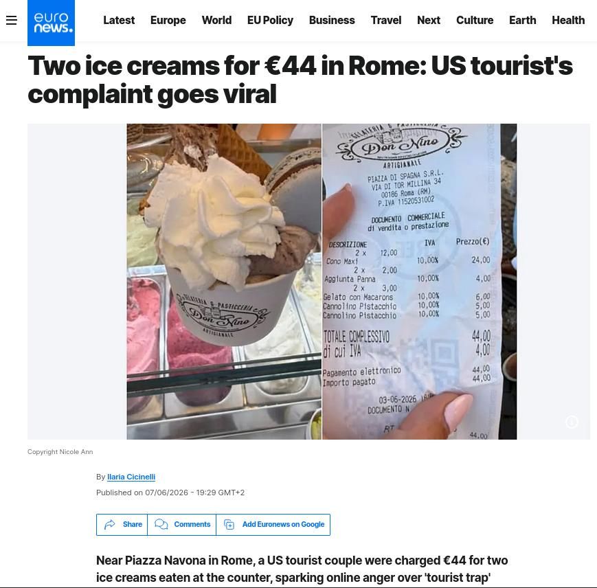 Dos tarrinas de helado 44 euros en Roma.