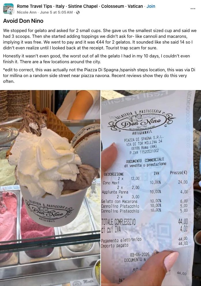 Dos tarrinas de helado 44 euros en Roma.