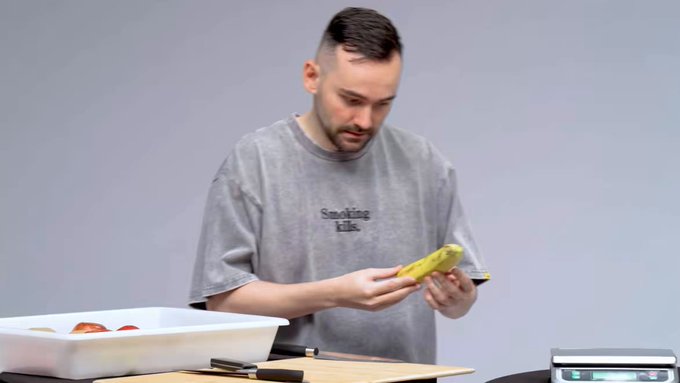 Xokas, experto en corte de frutas, no solo consigue cortar un plátano en partes exactamente iguales, sino que demuestra que una de las básculas estaba mal calibrada.