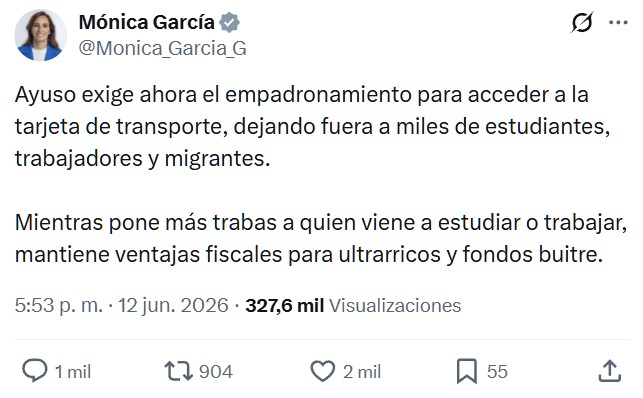 Es una injusticia que en Madrid haya que empezar a empadronarse para conseguir el bono transporte como en la mayoría de ciudades.