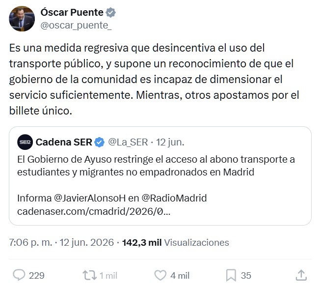 Es una injusticia que en Madrid haya que empezar a empadronarse para conseguir el bono transporte como en la mayoría de ciudades.
