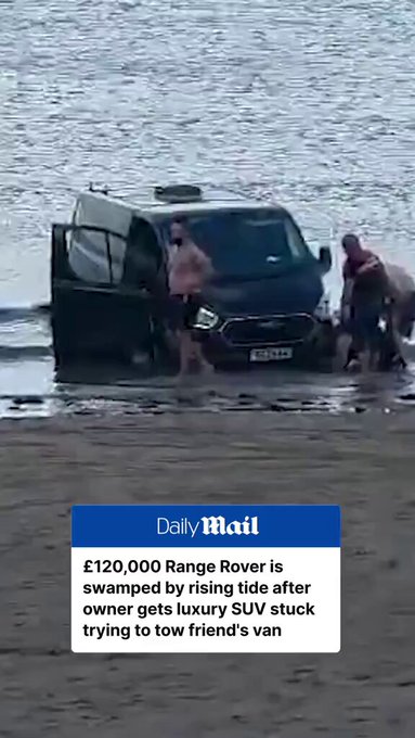 Una furgoneta se queda atascada en una playa y el dueño de un Range Rover intenta sacarla de ahí... con desastroso resultado.
