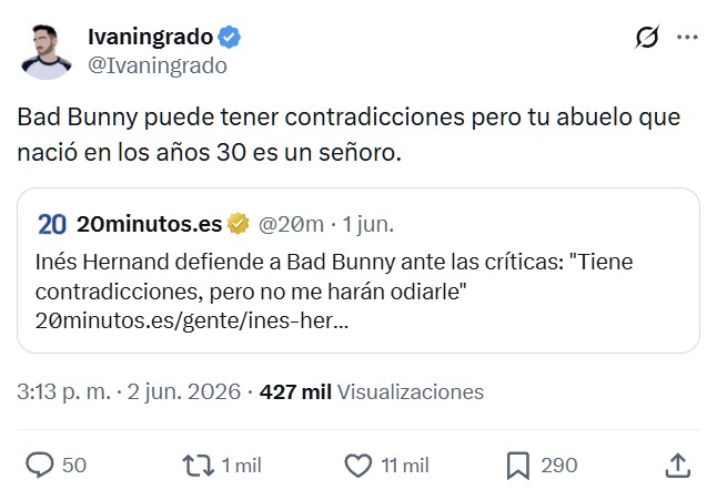 Inés Hernand defiende a Bad Bunny ante las críticas: "Tiene contradicciones, pero no me harán odiarle".