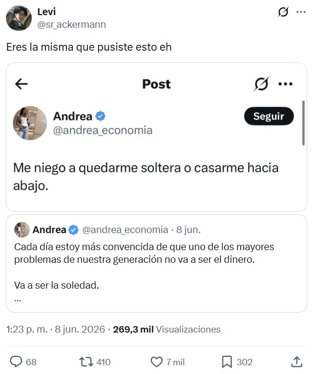 "Cada día estoy más convencida de que uno de los mayores problemas de nuestra generación no va a ser el dinero. Va a ser la soledad."