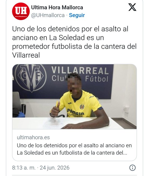 Detienen a un canterano del Villarreal por asaltar a un octogenario en su casa para robarle una cadena de oro.