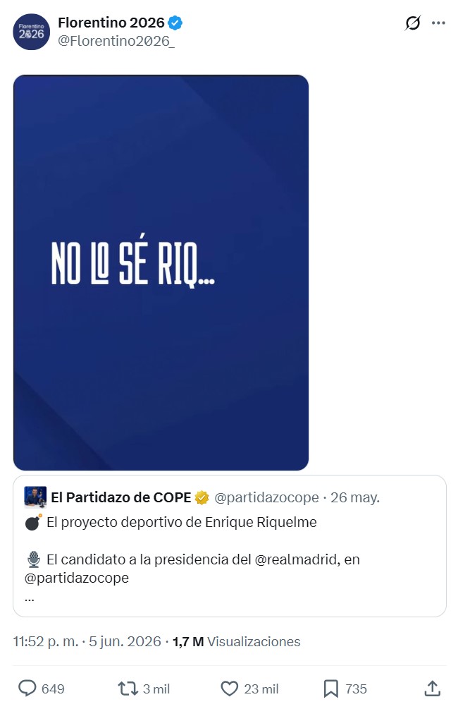 Riquelme se pasa por Tiempo de Juego a decir cuál es su proyecto para el Real Madrid, y Florentino responde con este meme...