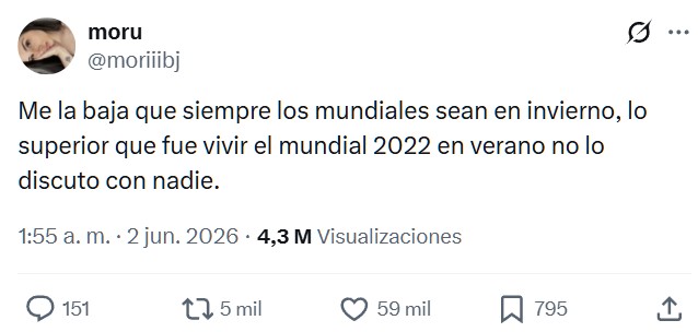 "Me la baja que siempre los mundiales sean en invierno".