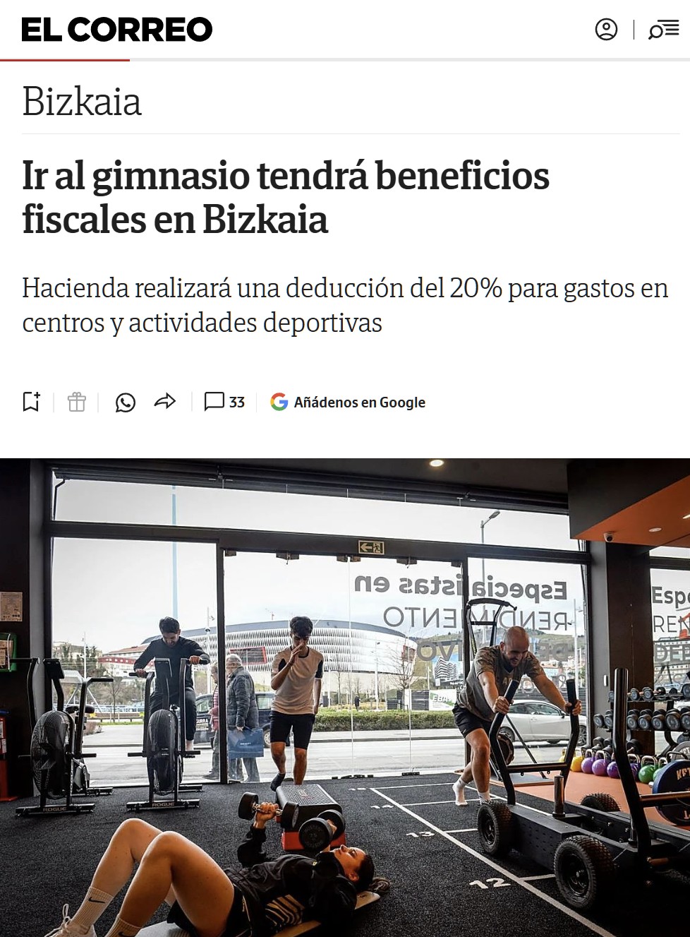 Ir al gimnasio tendrá beneficios fiscales en Bizkaia