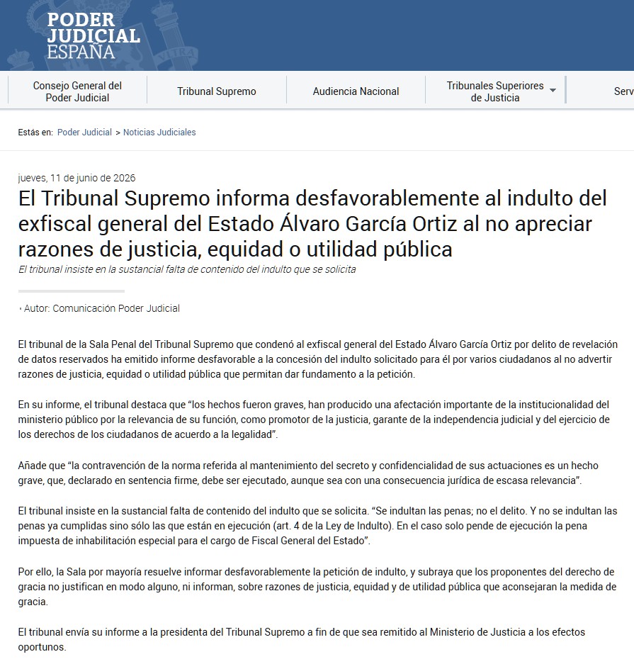 El Tribunal Supremo deniega el indulto al ex Fiscal General del Estado.