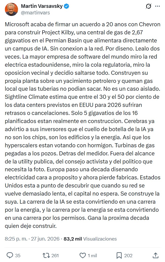 Microsoft acaba de firmar un acuerdo a 20 anos con Chevron para construir Project Kilby, una central de gas de 2,67 gigavatios en el Permian Basin que alimentara directamente un campus de IA. Sin conexion a la red.