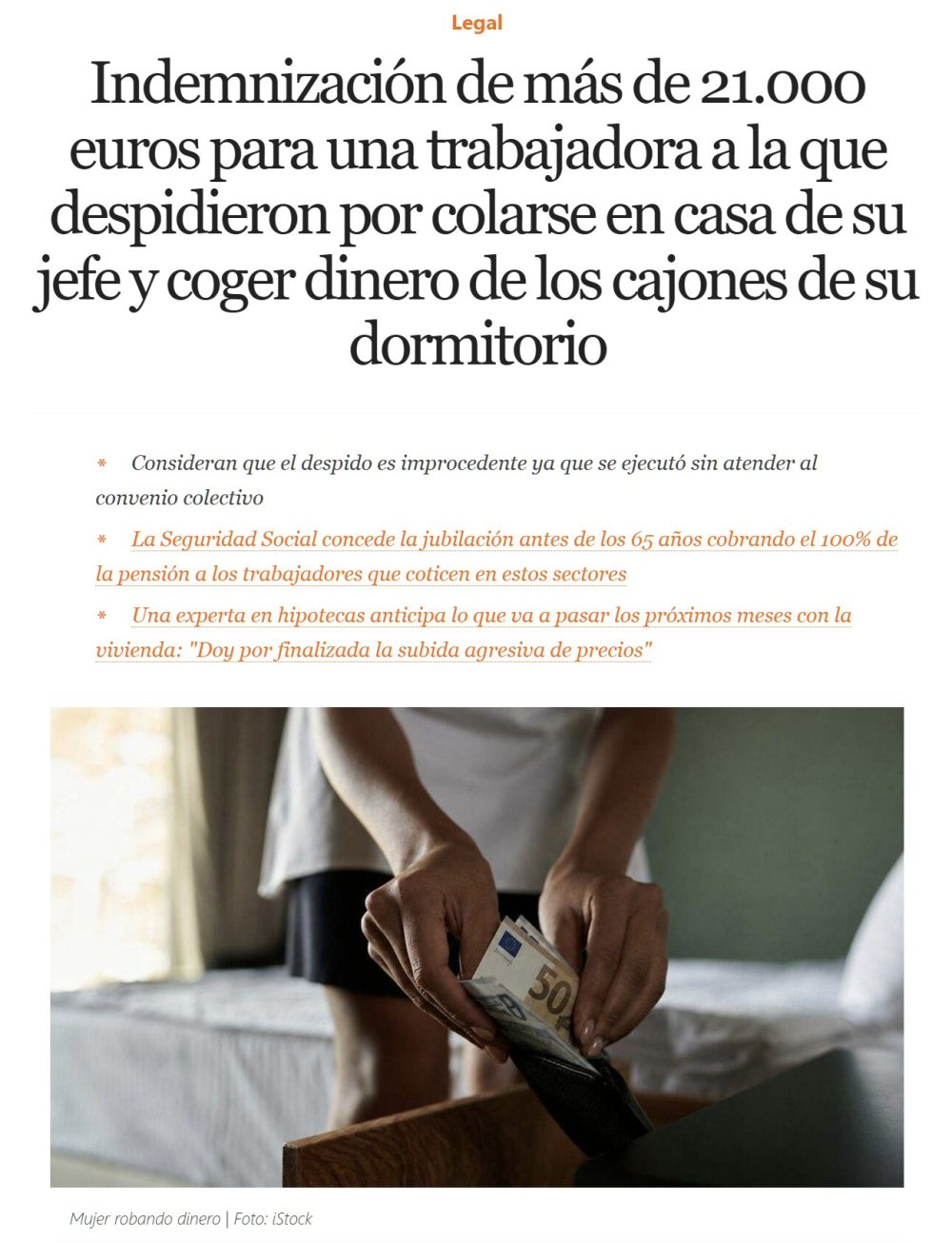Obligan a readmitir por un defecto de forma una trabajadora que entró a robar en su casa.