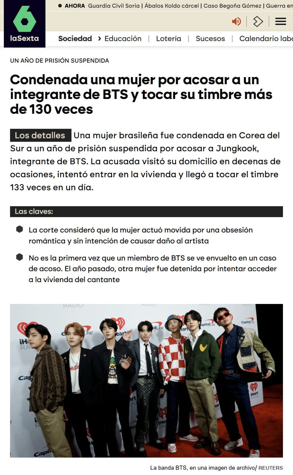 Condenada por tocar el timbre de un integrante del grupo coreano BTS más de 130 veces.
