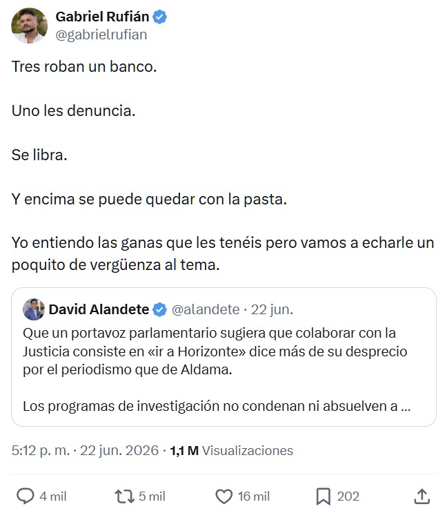 Rufián sobre Aldama: "Se libra y encima se puede quedar con la pasta".