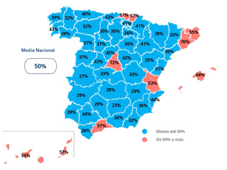 Porcentaje medio del salario destinado al alquiler en cada provincia española