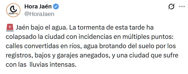 Jaén activa la fase de pre emergencia tras caer 30 litros en 20 minutos, con 110 avisos, cortes de luz e importantes anegaciones en toda la capital