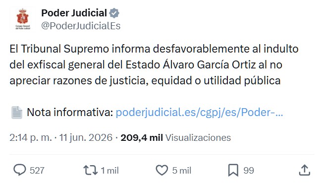 El Tribunal Supremo deniega el indulto al ex Fiscal General del Estado.