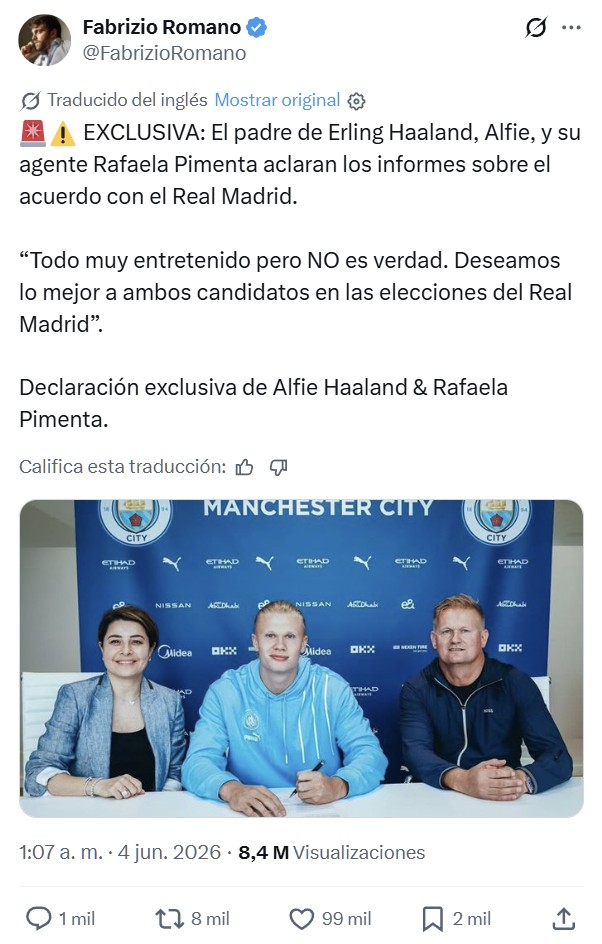 Riquelme promete que si no cumple su promesa de fichar a Haaland, pagará el 100% de la cuota de los 100.000 socios del Real Madrid la próxima temporada.