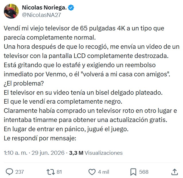 "Vendí mi viejo televisor de 65 pulgadas a un tipo que parecía completamente normal".