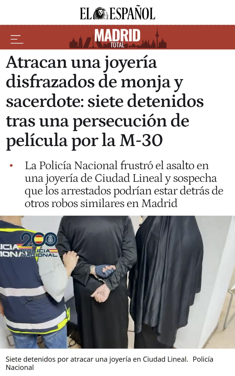 Detienen a dos atracadores disfrazados de monja y sacerdote.