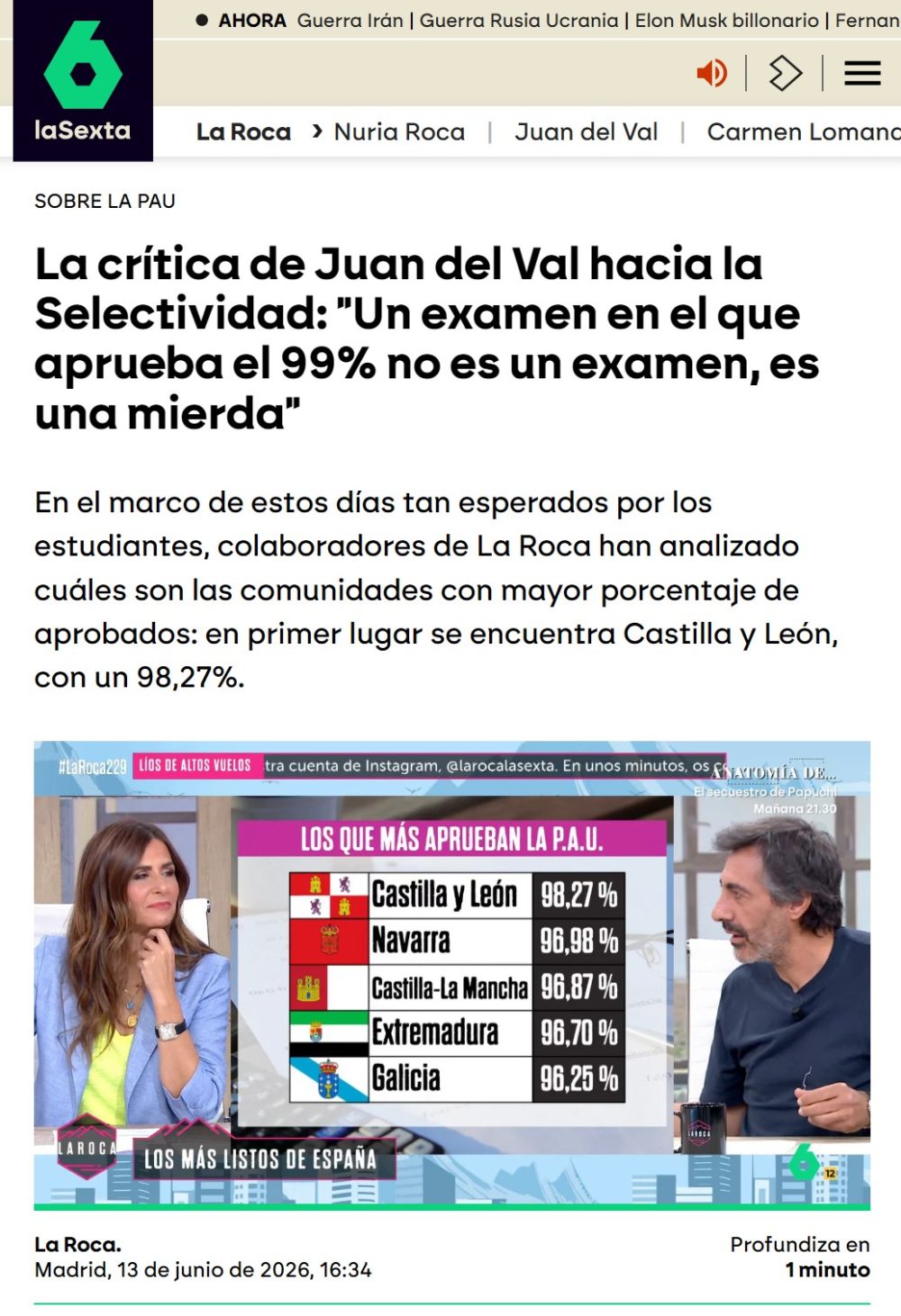 La crítica de Juan del Val hacia la Selectividad: "Un examen en el que aprueba el 99% no es un examen, es una mіerda"