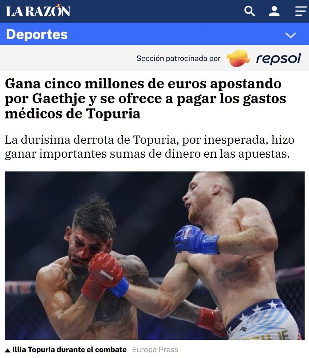 Gana 5 millones apostando por Gaethje y le lanza un dardo a Topuria: “Ilia, si necesitas dinero para tus gastos médicos, avísame”
