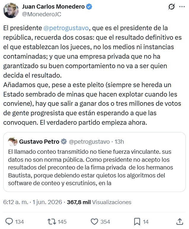 El presidente de Colombia no acepta los resultados de la primera vuelta electoral.