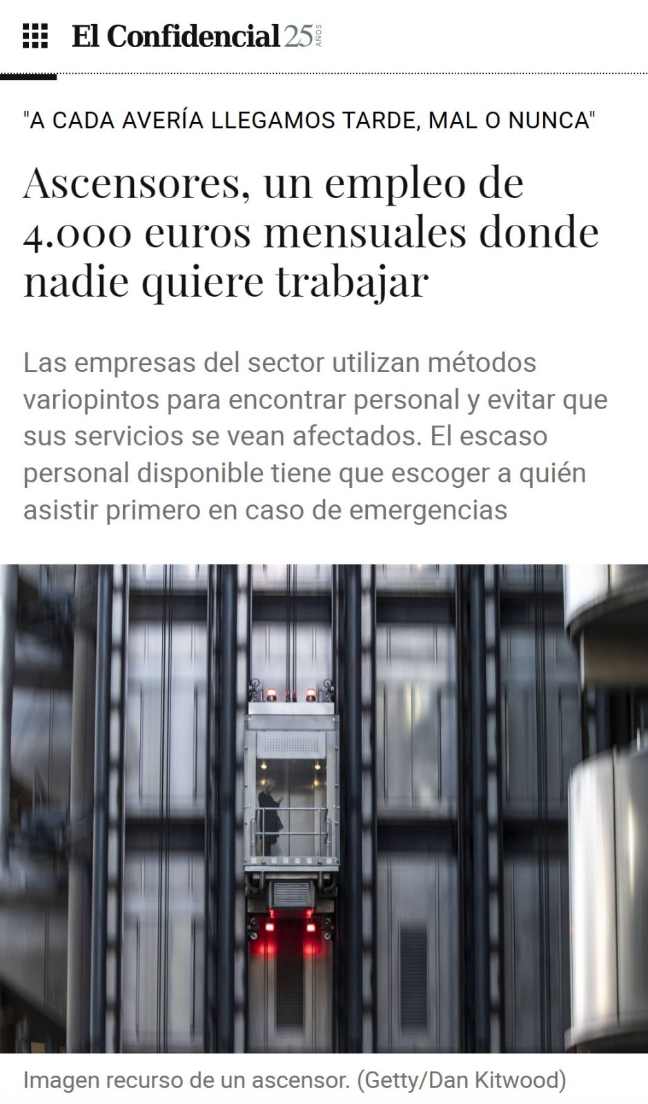 Ascensores, un empleo de 4.000 euros mensuales donde nadie quiere trabajar.