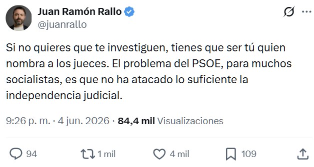 Gonzalo Miró: "Todo esto tiene muchísimo más que ver con la peor decisión que ha tomado el PSOE a lo largo de estos 8 años de gobierno, que es pactar con el PP la renovación CGPJ. Si realmente no quieres que te investiguen como están haciendo ahora, a lo mejor no tienes que pactar esos nombramientos con los que no tienen ningún respeto por la democracia"
