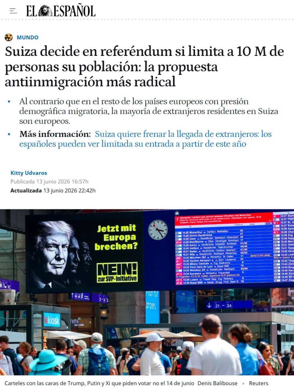 Suiza decide en referéndum si limita a 10 M de personas su población.