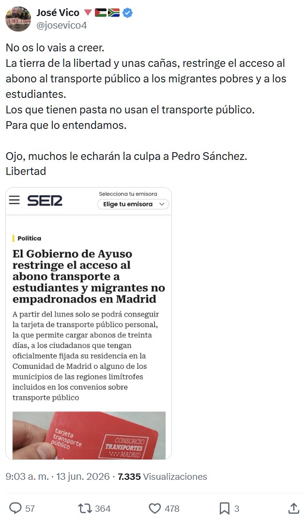 Es una injusticia que en Madrid haya que empezar a empadronarse para conseguir el bono transporte como en la mayoría de ciudades.